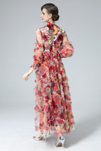 Mia Floral Embroidery Mesh Maxi Dress In Red