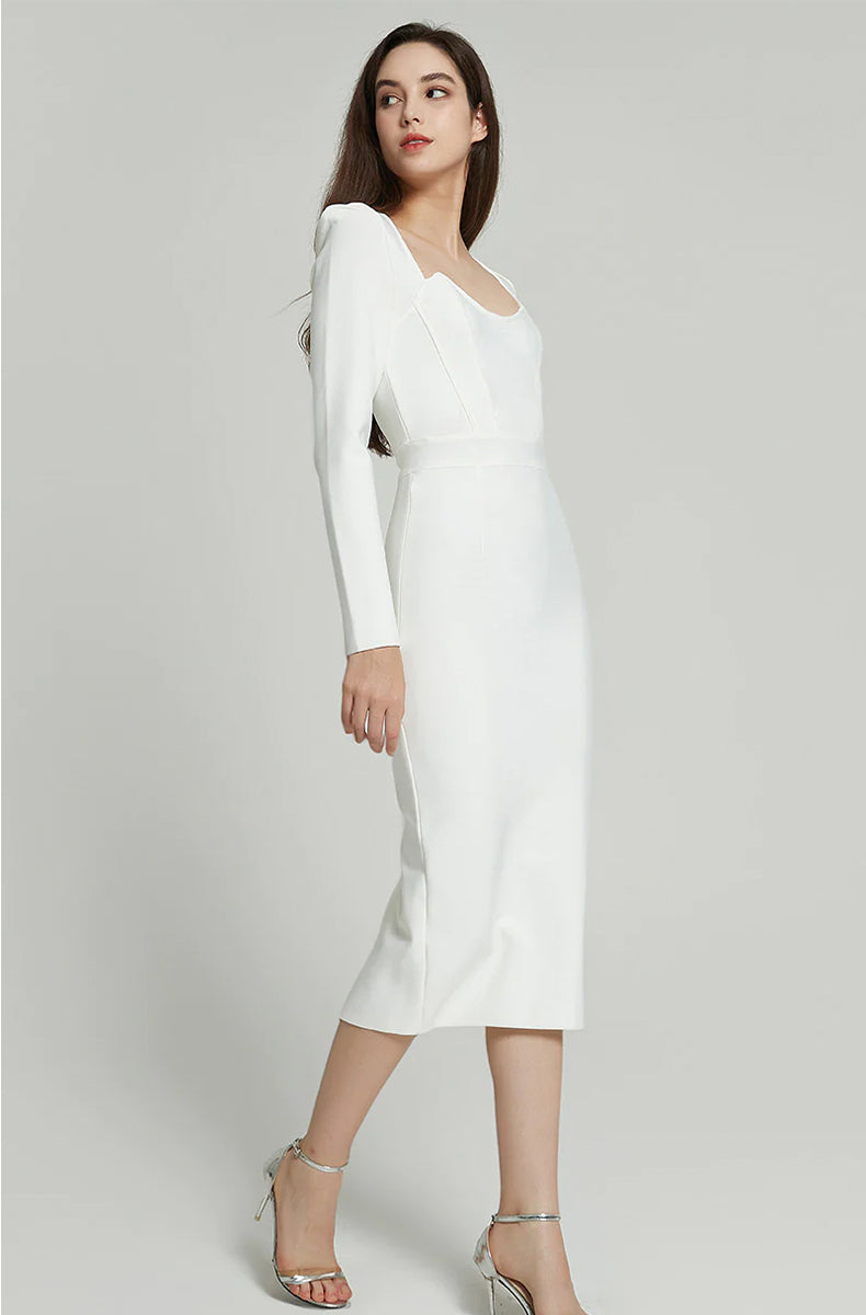 Faina Long Sleeve Bandage Midi Dress In White - PDC