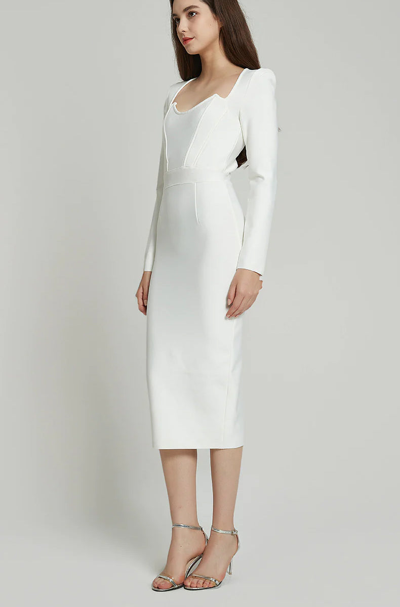 Faina Long Sleeve Bandage Midi Dress In White - PDC