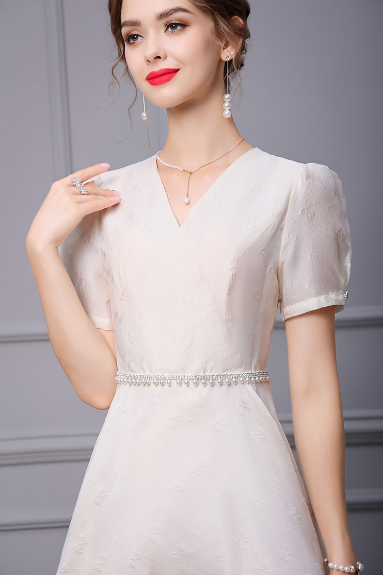 Linda Beaded V-neck A line Dress In White