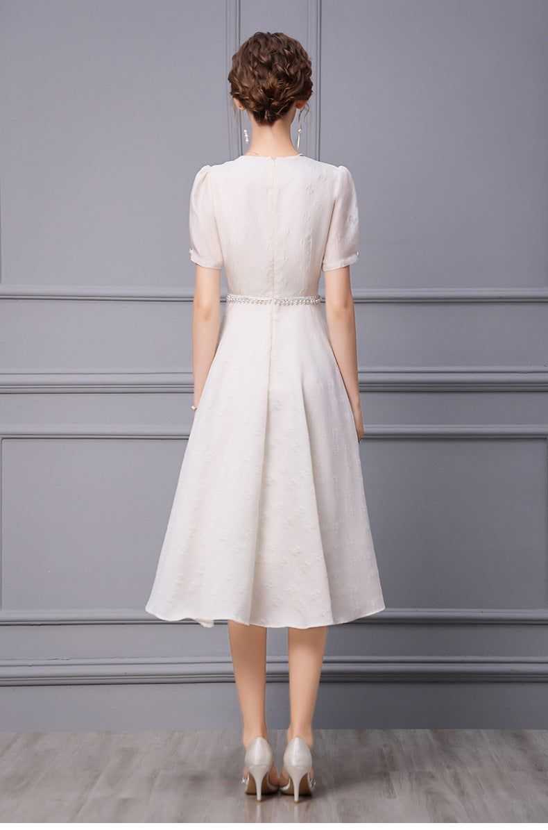 Linda Beaded V-neck A line Dress In White