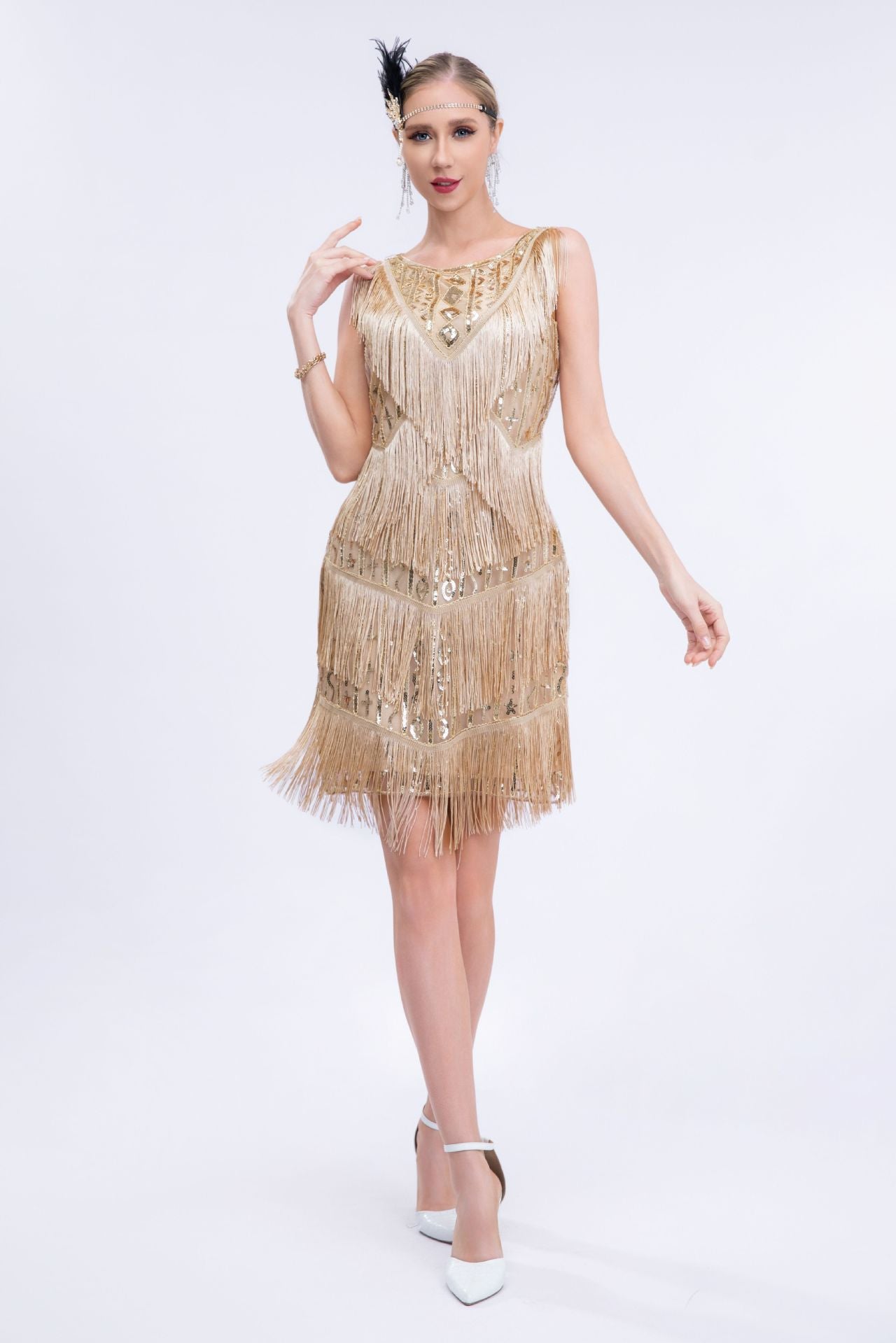 Maxwell Sleeveless Sequin Tassel Evening Dress In Apricot Main image