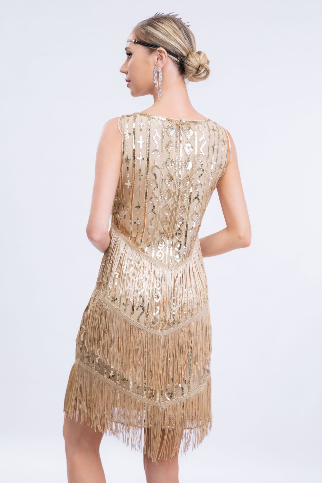 Maxwell Sleeveless Sequin Tassel Evening Dress In Apricot